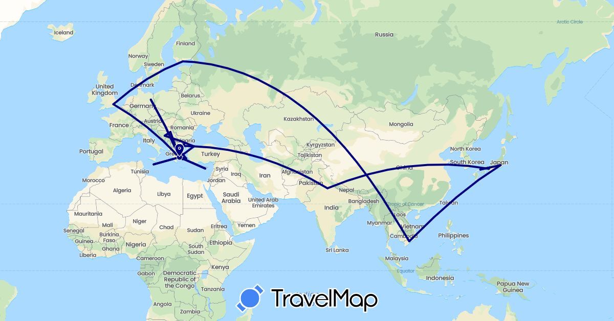 TravelMap itinerary: driving in Bosnia and Herzegovina, Bulgaria, Cyprus, Germany, Finland, United Kingdom, Greece, India, Japan, Malta, Serbia, Turkey, Vietnam (Asia, Europe)